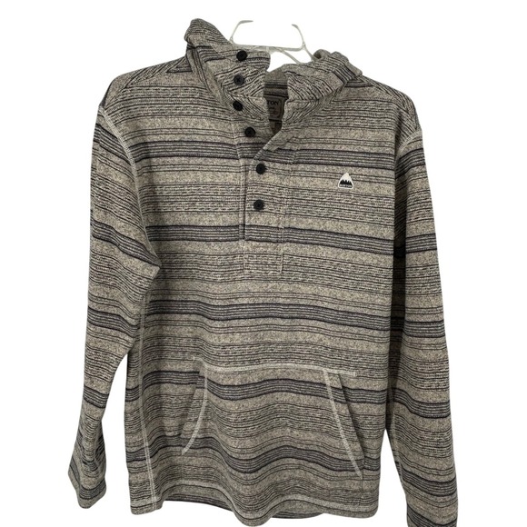 Burton Mens Striped Fleece Hoodie Grey Black Henley Button Neck Pullover Large - Picture 4 of 4